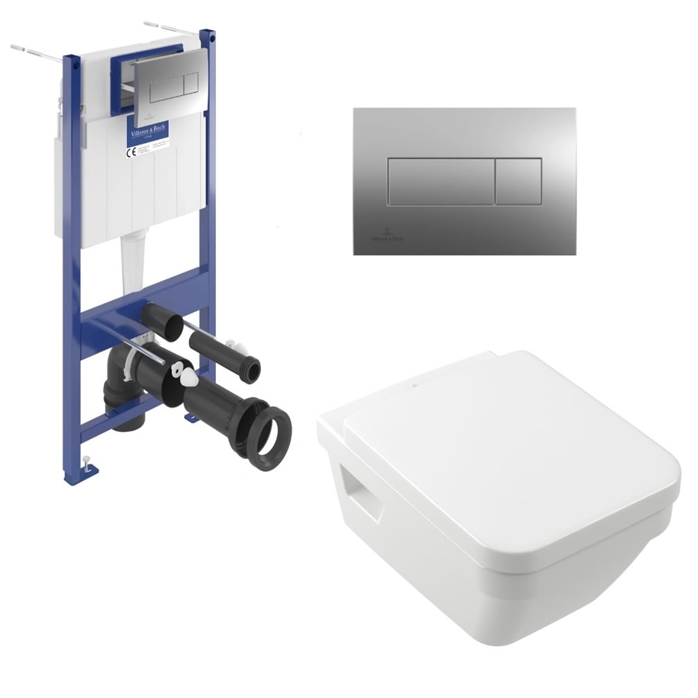 Cutout image of Villeroy & Boch Architectura Square Wall-Hung Toilet, Concealed Cistern Frame & Chrome Flush Plate